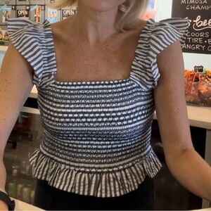 Navy and White Striped Crop Top with ruffle sleeve so cute!